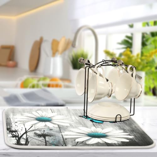 Daisy Flower Teal Butterfly Dish Drying Mat for Kitchen Counter Absorbent Microfiber Drying Pad