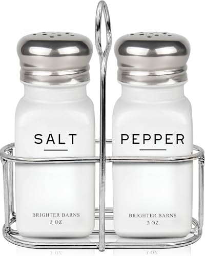 White Salt and Pepper Shakers Set with Holder by Brighter Barns