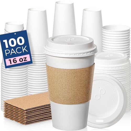 100 Pack 16 oz Disposable Coffee Cups with Lids (100 Count)
