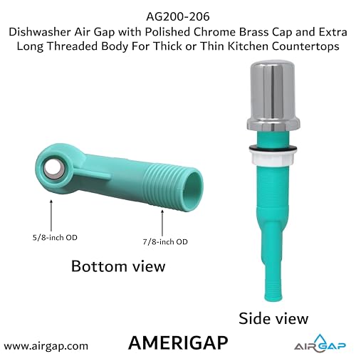 Dishwasher Air Gap with Skirted Polished Chrome Brass Cap and Extra Long Threaded Body for Thick or Thin Kitchen Countertops