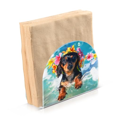 Cute Dachshund Puppy Surfing Napkin Holder for Table Paper Napkins Holder Acrylic Tissue Dispenser Kitchen Dining Room Bathroom Party Car Decor