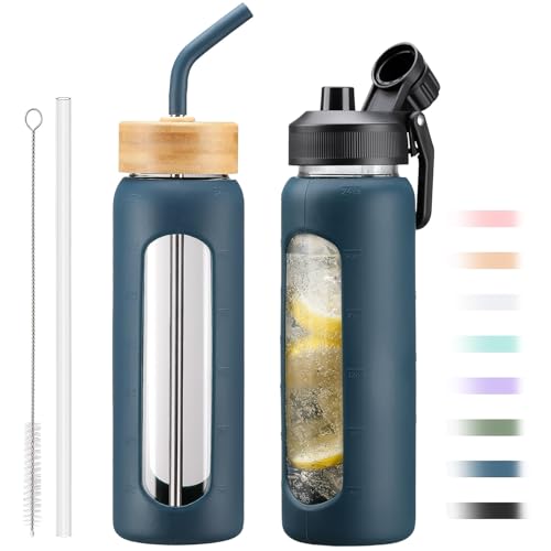 24oz Glass Water Bottle with Straw and 2 Lids