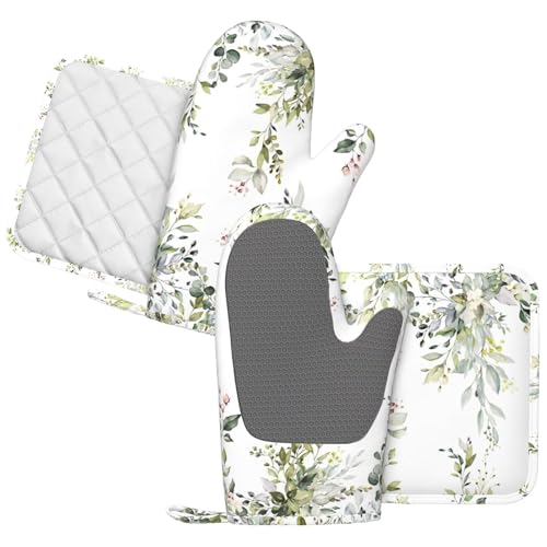 Sage Green Eucalyptus Oven Mitts and Pot Holders Sets Silicone Watercolor Butterfly Leaves Kitchen Mitts Potholders Heat Resistant 4Pcs Oven Gloves Hot Pads for Kitchen Baking Cooking (4 Count)