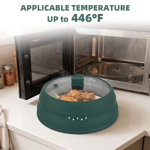 Microwave Splatter Cover Glass Cover Guard Lid with Collapsible Silicone for Food Pot Plate Cover 11.8 inch Dark Green