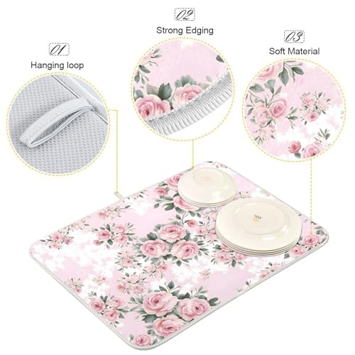Floral Pink Roses Bouquets Dish Drying Mat for Kitchen Counter Absorbent Microfiber Drying Pad
