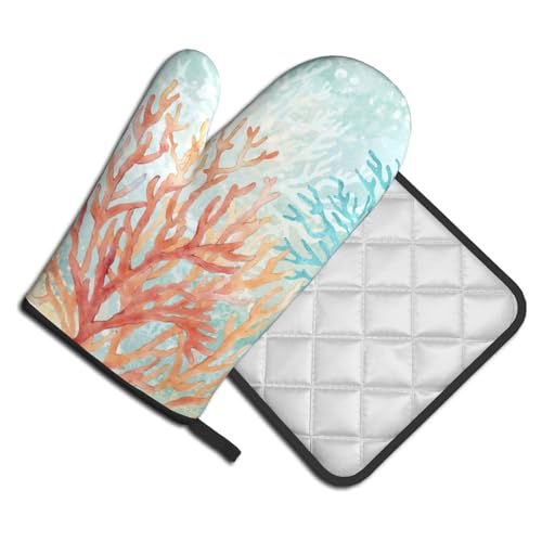 Coastal Coral Oven Mitts and Pot Holder Set of 2 Beach Ocean Heat Resistant Kitchen Oven Mittens Potholders for Baking Cooking Grilling BBQ