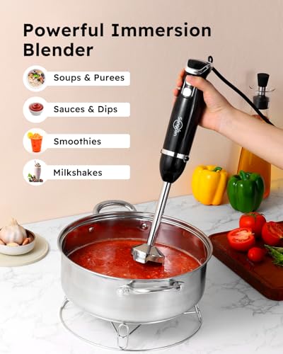6-in-1 Immersion Blender Handheld, Hand Blender with Chopper & 34oz Blending Cup Storage Base, 2-Speed Adjustable Stick Blender,Stainless Steel Blades, Detachable Blender, Whisk, Milk Frother