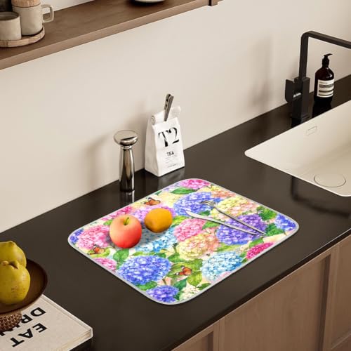 Hydrangea Flowers with Butterfly Dish Drying Mat for Kitchen Counter Absorbent Microfiber Small Drying Pad Dish mats for Kitchen Countertops 16 x 18 Inch