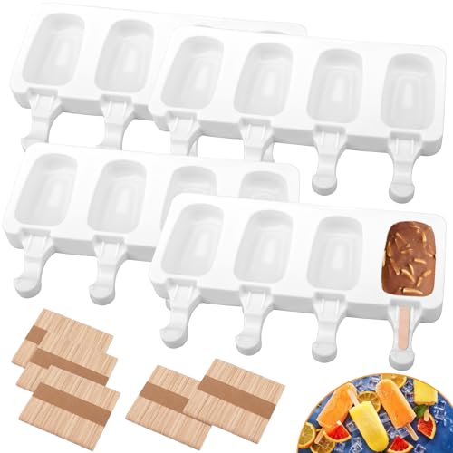 4 Set Silicone Popsicle Molds 4 Cavities Ice Cream Oval Cake Molds with 200 Sticks (4 Count)
