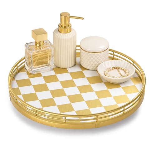10 Inch Gold Checkerboard Lazy Susan Vanity Tray with Metal Rail