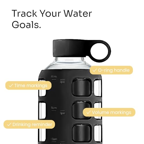 40oz / 32oz / 22oz / 12oz Borosilicate Glass Water Bottle with Time & Volume Markers, Silicone Sleeve, Stainless Steel Lid | Reusable Glass Bottle for Water & Juice (40oz Jet Black) (4 Count)