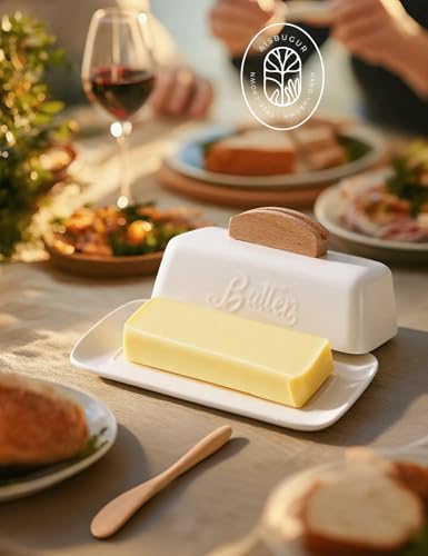 Butter Dish with Lid and Knife Ceramic Butter Holder for Counter Humanized Clamp