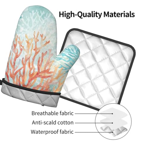 Coastal Coral Oven Mitts and Pot Holder Set of 2 Beach Ocean Heat Resistant Kitchen Oven Mittens Potholders for Baking Cooking Grilling BBQ