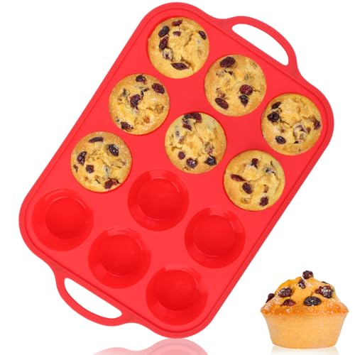 Silicone Muffin Pan with Metal Reinforced Frame Regular Size Muffin Pan with Handle Easy to Move 12 Cups for Baking Nonstick Muffin Tin BPA Free 1 Pack Red