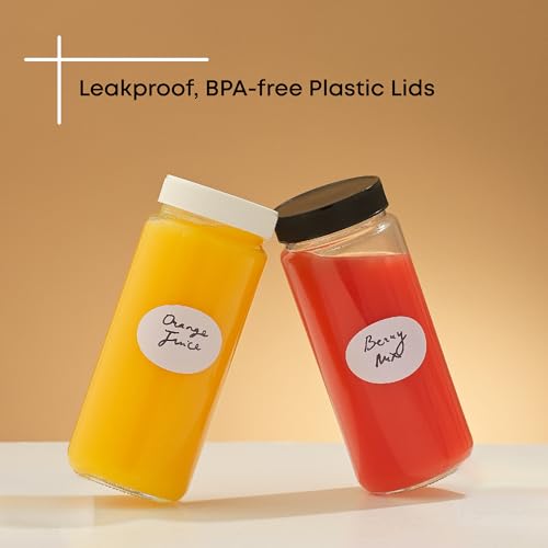 16 oz Reusable Glass Bottles with Caps. Set of 8 Juicing Bottles With Lids and Juice Jars Labels. Glasses for Cold Brew