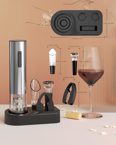 5-in-1 Electric Wine Opener Set Rechargeable Stainless Steel Automatic Corkscrew Wine Bottle Opener Set with Foil Cutter, Wine Aerator Pourer, Vacuum Wine Stopper and Storage Base, Silver