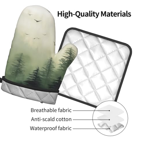 Green Misty Forest Oven Mitts and Pot Holder Set of 2 Mountain Woodland Heat Resistant Kitchen Gloves Hot Pad for Baking Cooking Microwave