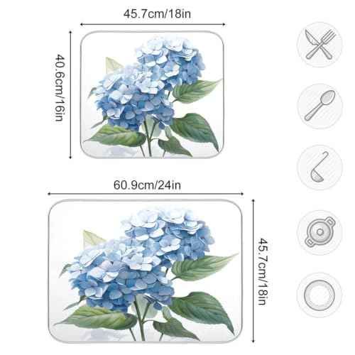 Blue Hydrangeas Flower Dish Drying Mat for Kitchen Counter Absorbent Microfiber Drying Pad