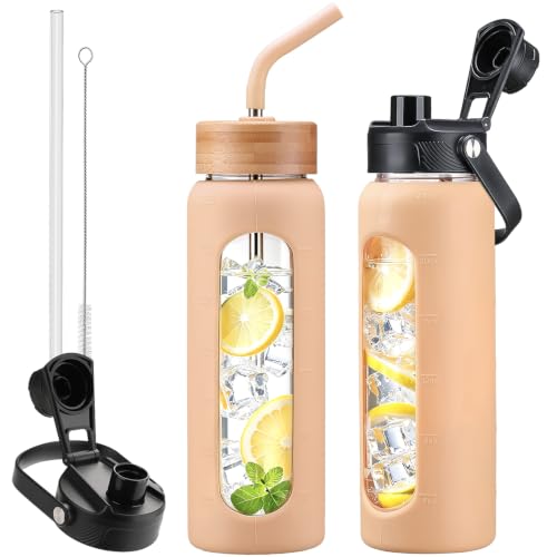 24oz Glass Water Bottle with Straw and 2 Lids