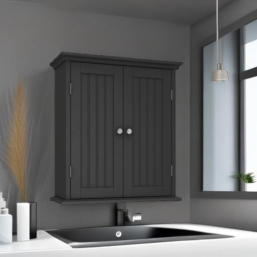 ChooChoo Bathroom Wall Cabinet, Over The Toilet Space Saver Storage Cabinet, Medicine Cabinet with 2 Door and Adjustable Shelves, Cupboard, Black