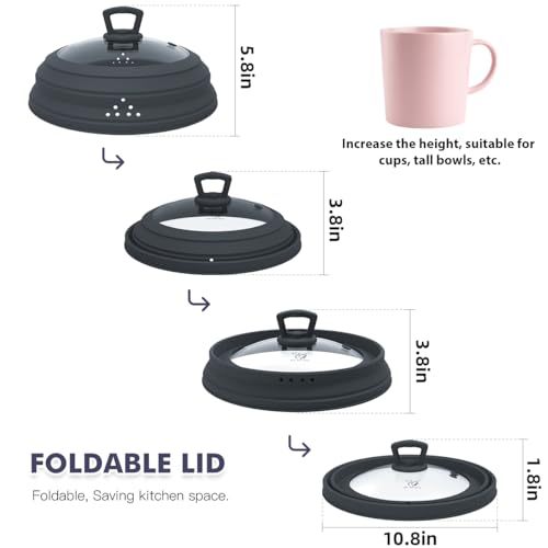 Tall Microwave Splatter Cover Glass Cover Guard Lid 7 inch Height with Collapsible Silicone for Food Pot Plate 10 inch Grey