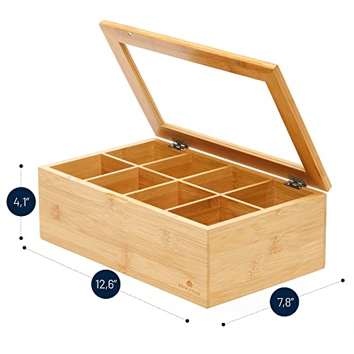 Big Natural Bamboo Tea Storage Organizer with Clear Acrylic Top Window