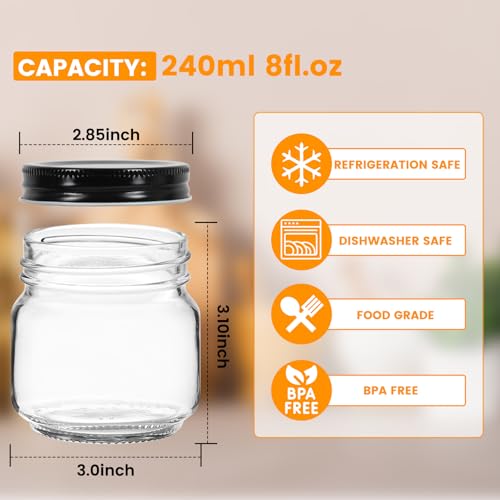 30 Pack Mason Jars 8oz with Black Lids (30 Count)