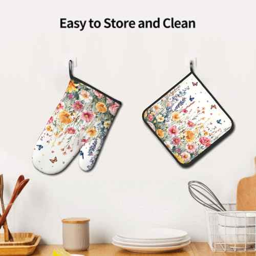 Spring Flower Oven Mitts and Pot Holder Kitchen Accessories Sets Botanical Floral Heat Resistant BBQ Cooking Oven Gloves Washable Hot Pads