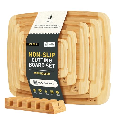 Bamboo Cutting Board Set Non Slip Feet with Holder Over Sink Wooden Cutting Boards Eating Grilling Biard Cutboard Biard Chtting Woodcutting Cuttingboards Voard Oard Bord 12x18 11 x 14 Baords Baord (5 Count)