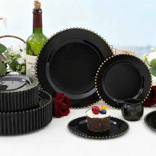 100pcs Black Plastic Plates with Gold Beads for Wedding Party (100 Count)