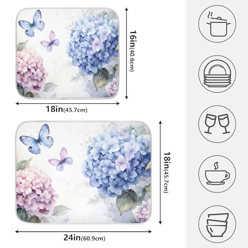Blue Pink Hydrangea Spring Floral Dish Drying Mat for Kitchen Counter Absorbent Microfiber Large Drying Pad Dish Mats for Kitchen Countertops 18 x 24 Inch