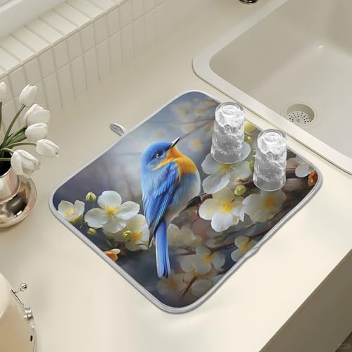 Spring Blue Yellow Flower Bluebird Butterflies Dish Drying Mat for Kitchen Ccounter Absorbent Microfiber Small Drying Pad Dish Mats for Kitchen Countertops 16 x 18 Inch