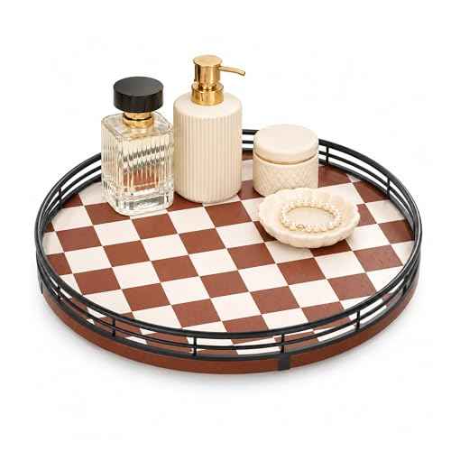 10 Inch Brown Checkerboard Lazy Susan Organizer with Black Metal Rail