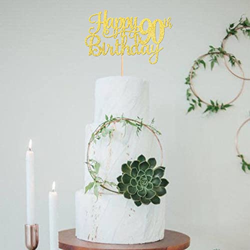 1 PCS Happy 90th Birthday Cake Topper Gold Glitter Cheers to 90 Years Birthday Cake Pick 90 Fabulous Cake Decoration for Happy 90th Birthday Theme Party Decorations Supplies