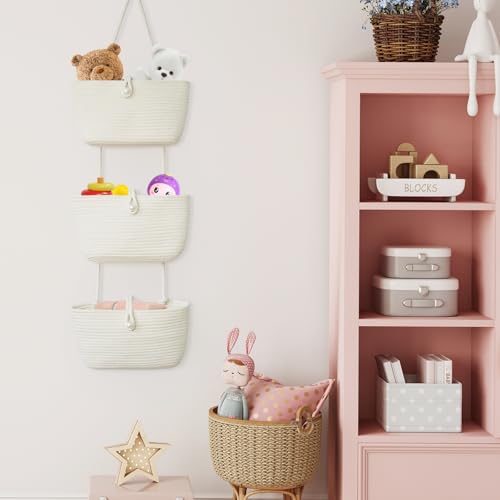 3 Tier Hanging Baskets for Storage with Pearl Button Strap (33.12 Ounce)