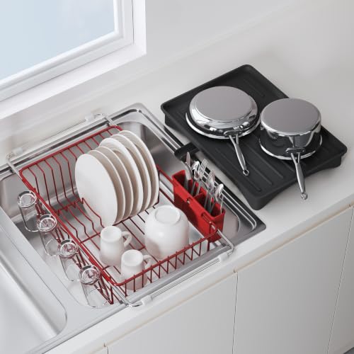 Red Dish Drying Rack in Sink with Drainboard and Utensil Holder