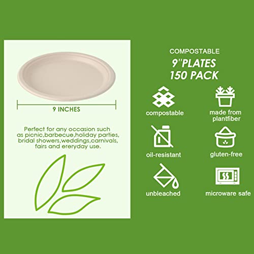 150 Pack Paper Plates 9 inch 100% Compostable (150 Count)