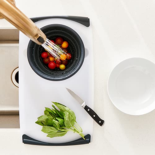 Over the Sink Poly Cutting Board with Collapsible Colander Strainer