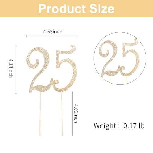 Gold 25th Birthday Cake Topper Rhinestones Cake Decorations for 25th Birthday Party