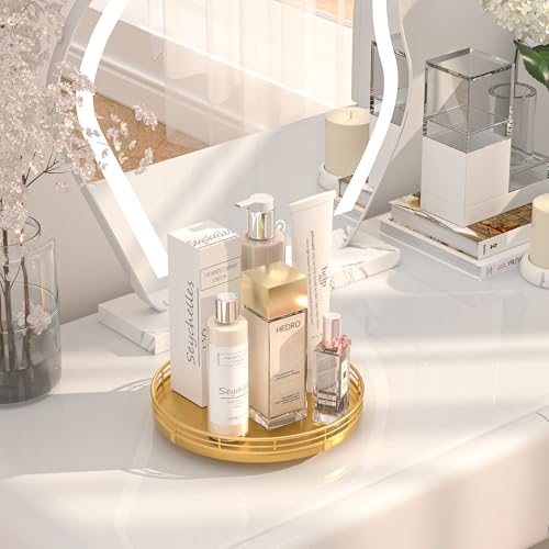 9 Inch Oak Lazy Susan Vanity Tray with Gold Metal Rail