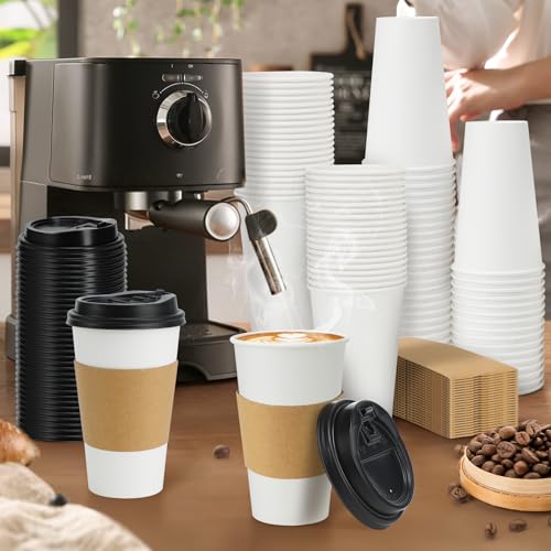 100 Pack 16 oz Disposable Coffee Cups With Lids and Sleeves (100 Count)