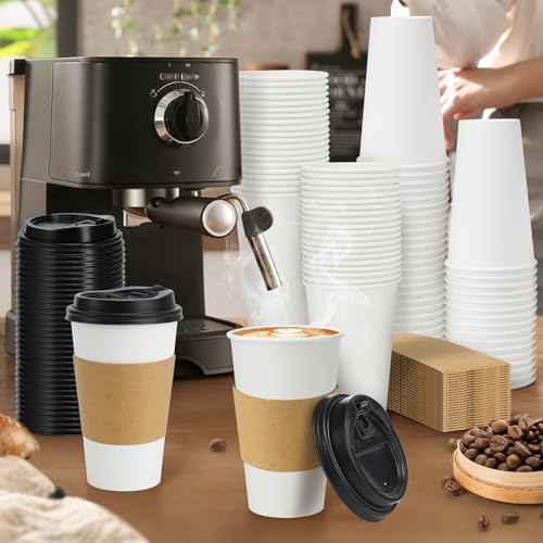 50 Pack 12 oz Disposable Coffee Cups With Lids and Sleeves (50 Count)