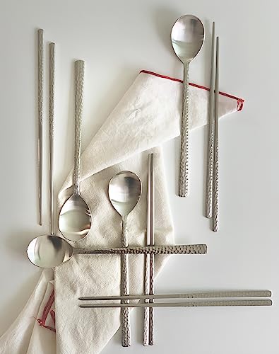 Korean Made Silver Glossy Hammered Stainless Steel Korean Spoon & Chopstick SET Gift for Mom Stocking Stuffer