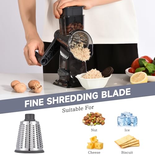 Rotary Cheese Grater with Handle Kitchen Shredder Slicer Grater Slicer Ice Shaver Cheese Vegetable Nuts Potato Zucchini Chocolate 3 Interchangeable Blades