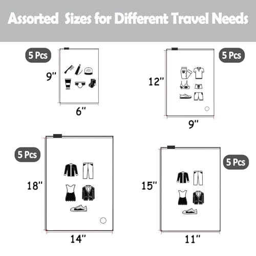 20 pcs, 4 Sizes) Travel Luggage Organizer Bags, 4 Mil Slider Zip Plastic Clothing Packaging Bags, Travel/Home Storage and organizing pouches, Space Saver Bag (6''x9''-14‘’x18'') (20 Count)