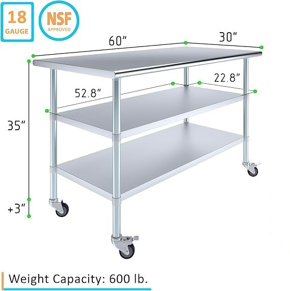 60" x 30" Stainless Steel Work Table with 2 Shelves