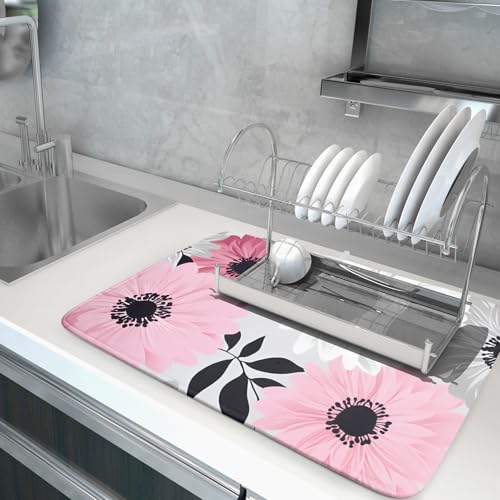 Blossom Florals Dish Drying Mat Abstract Daisy Flower Drainer Pad Absorbent Dish Rack Mats for Coffee Bar 18 X 24 Inch