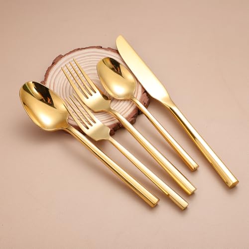 Mirror Silverware Set Gold Flatware Set with Hexagon Handle 20 Pieces 18 (20 Count)