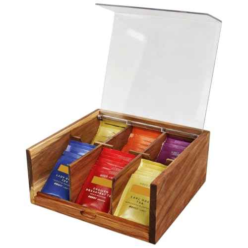 Acacia Wood Tea Bag Organizer Storage Box with 6 Compartments