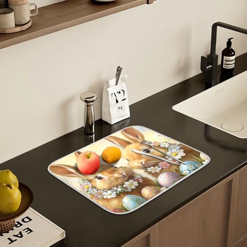 Cute Rabbit Bunny Easter Eggs Dish Drying Mat for Kitchen Counter Absorbent Microfiber Large Drying Pad Dish Mats for Kitchen Countertops 18 x 24 Inch